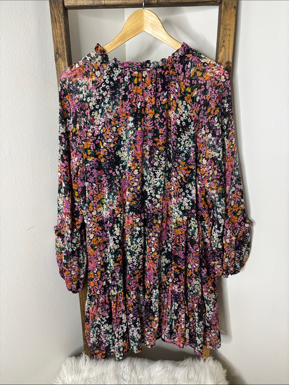Vince Camuto Black Floral V-Neck Long Sleeve Dress Size L - Picture 4 of 5
